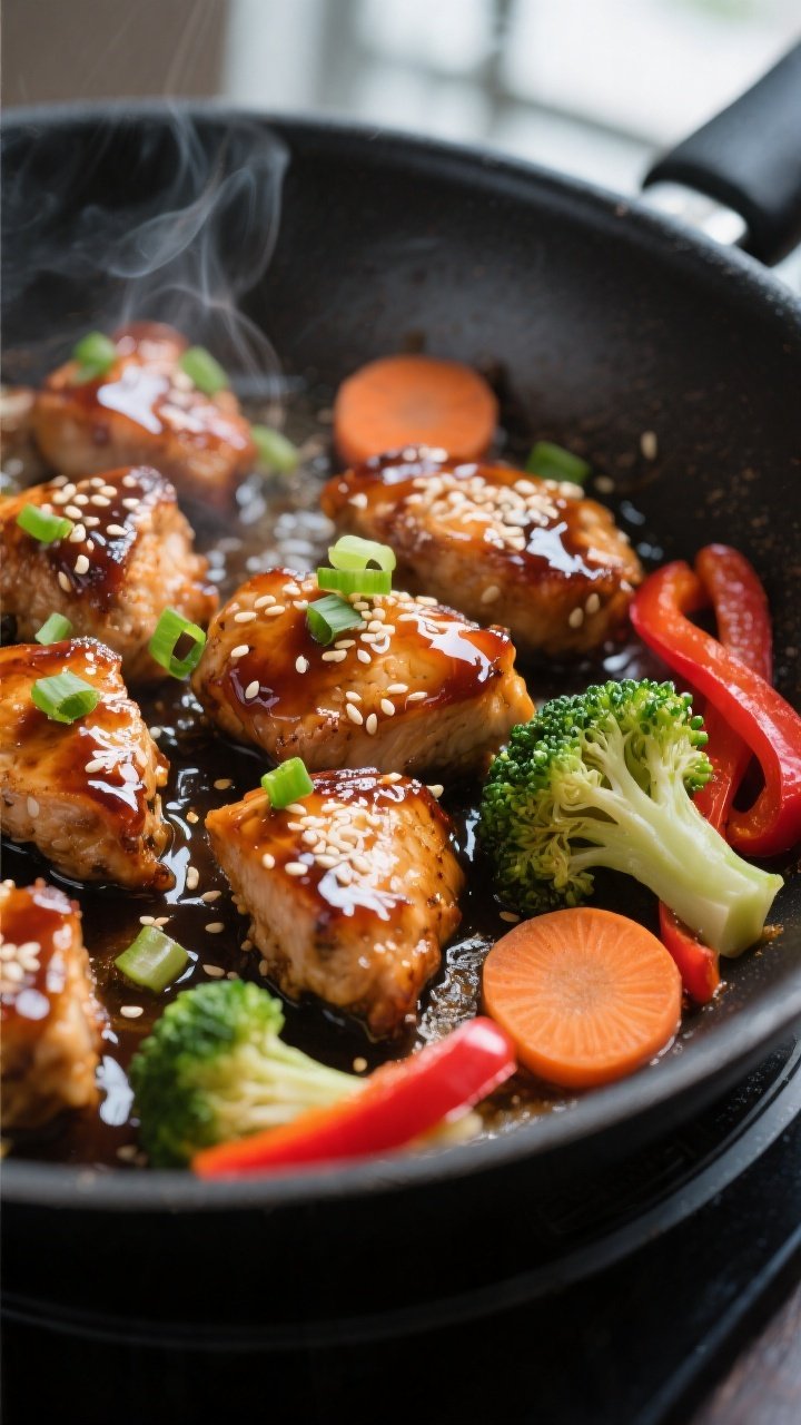 Close-up detail: Glossy teriyaki chicken bites sizzling in a skillet, sauce just thickened with corn