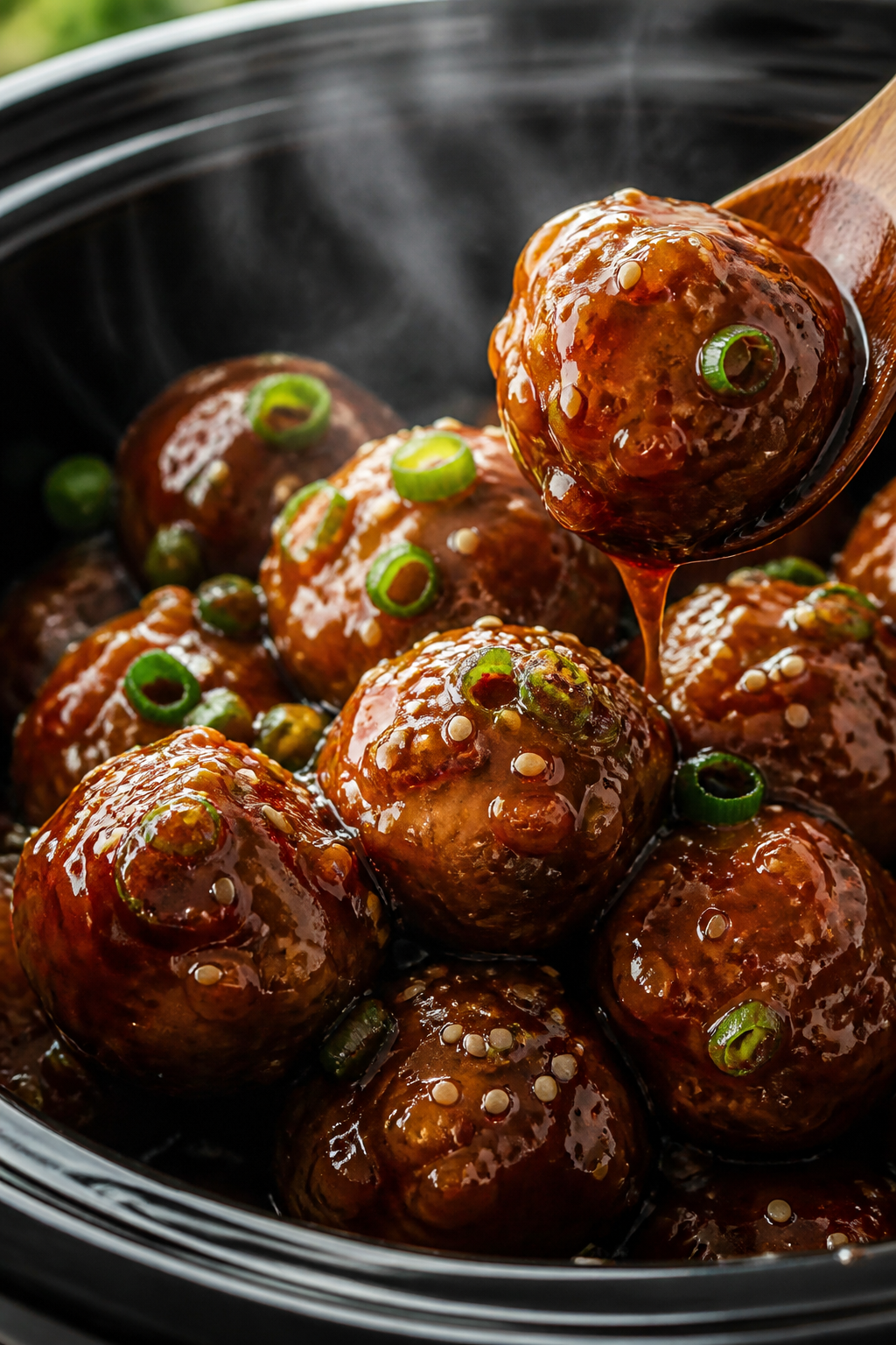 Close-up detail: Glossy teriyaki meatballs just after thickening in the slow cooker, sauce clinging