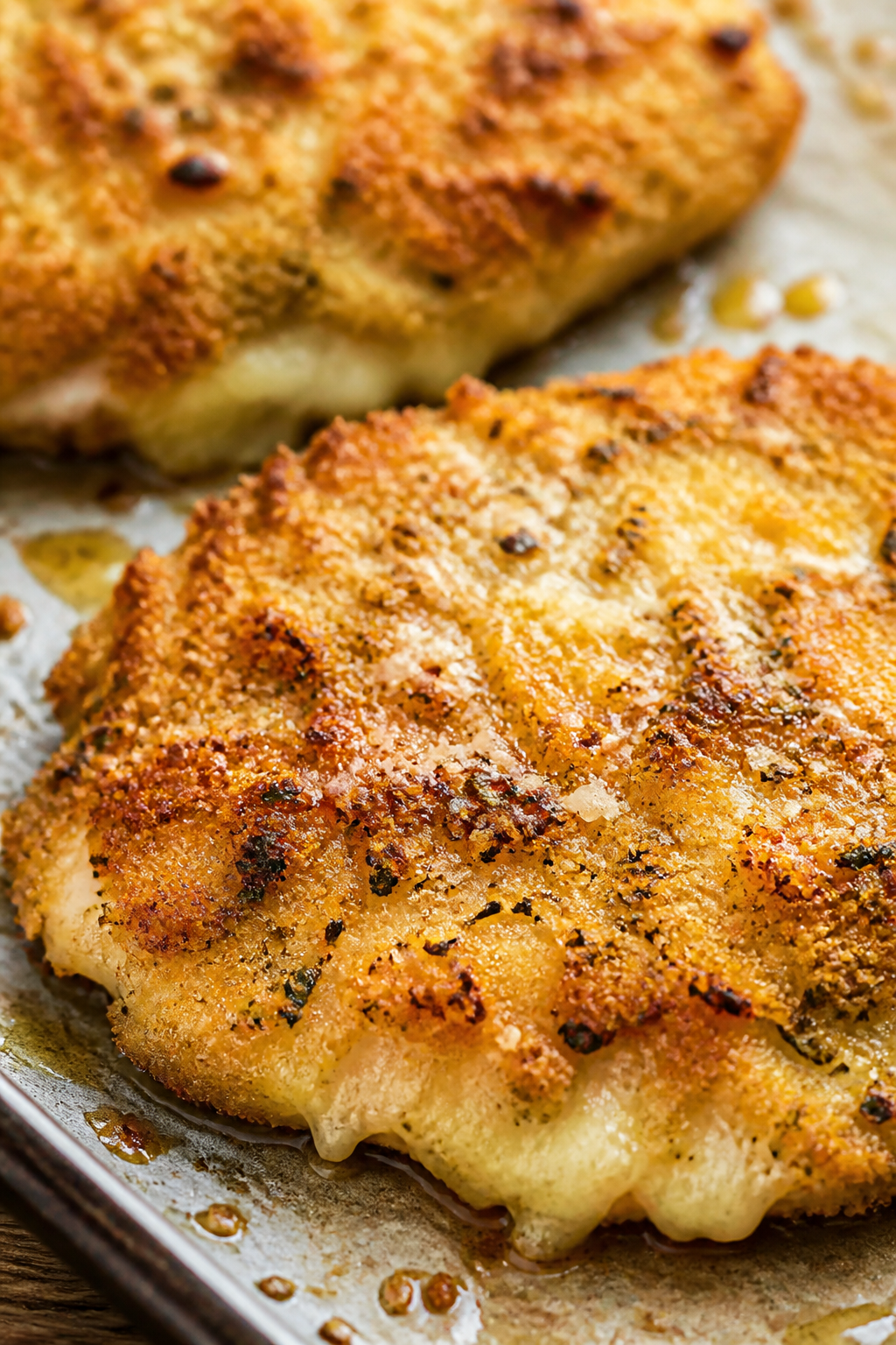 Close-up detail: Golden-baked chicken cutlet just out of the oven, showing ultra-crispy panko-Parmes