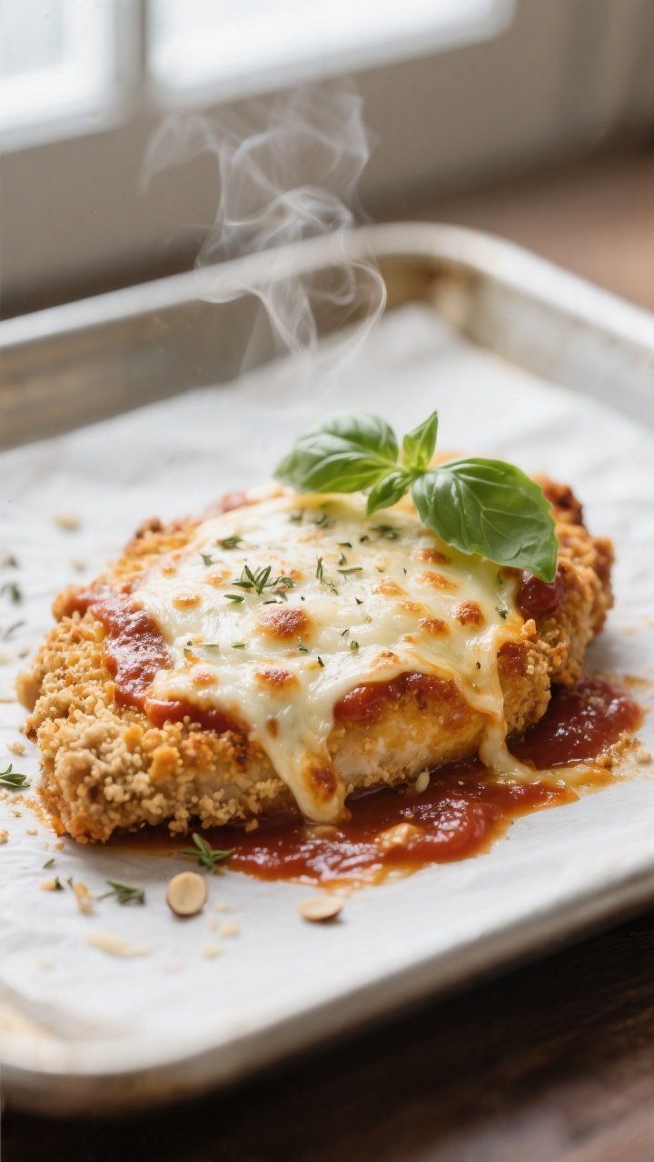 Close-up detail: Golden-baked chicken parmesan cutlet just out of the oven, crust of almond flour an