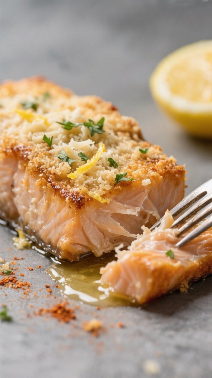 Close-up detail: Golden, broiled garlic-parmesan crust on a just-cooked salmon fillet, crisp panko-P