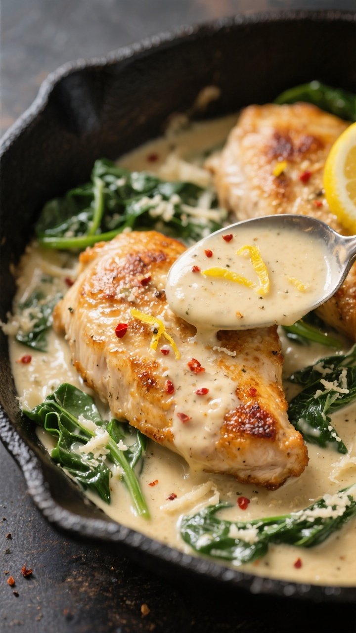 Close-up detail: Golden-brown chicken cutlets just returned to a creamy garlic-Parmesan sauce in a b