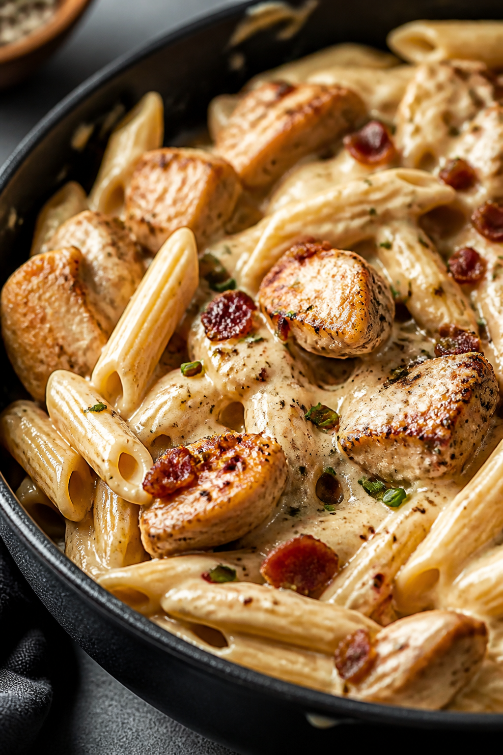 Close-up detail: Golden-browned chicken bites and crispy bacon crumbles nestled in a silky ranch-par