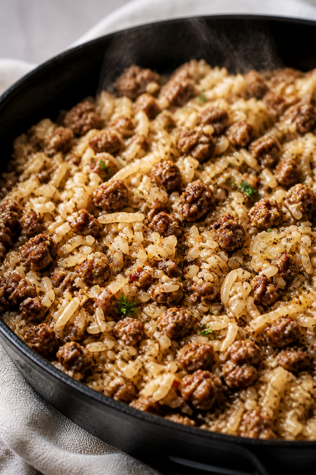 Close-up detail: Golden-browned crumbles of ground beef nestled with toasted long-grain rice in a sk