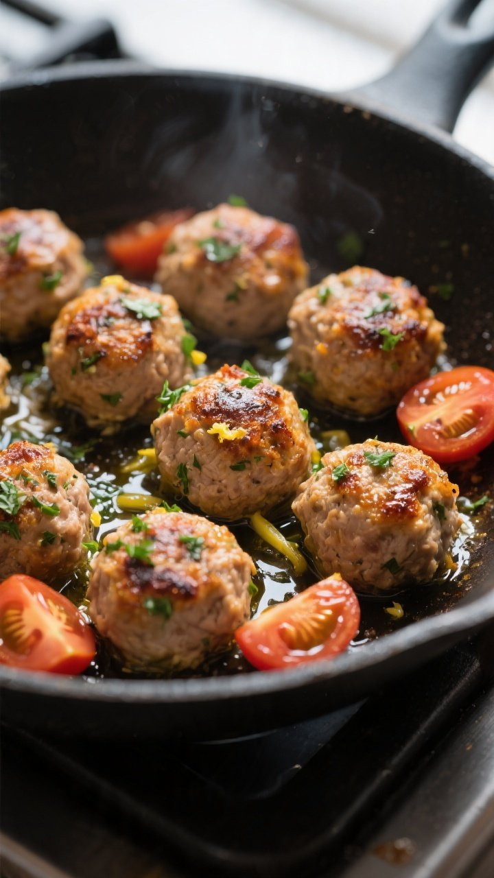 Close-up detail: Golden-browned Greek turkey meatballs sizzling in a skillet, glistening with olive 