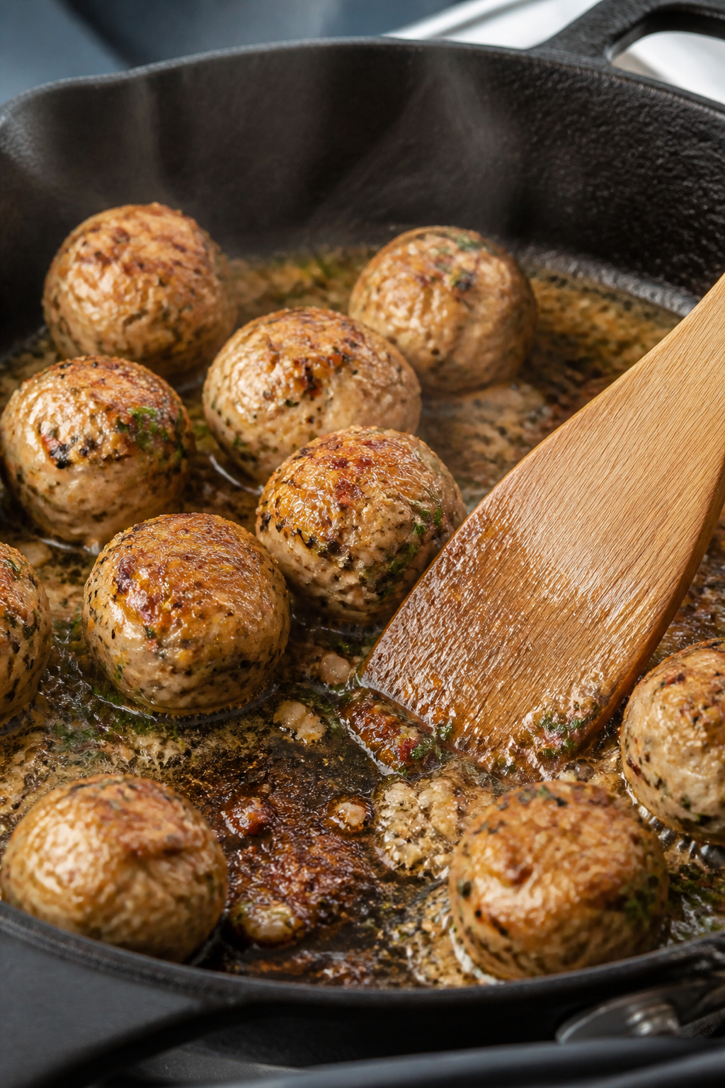 Close-up detail: Golden-browned turkey meatballs sizzling in a skillet as melted butter, minced garl