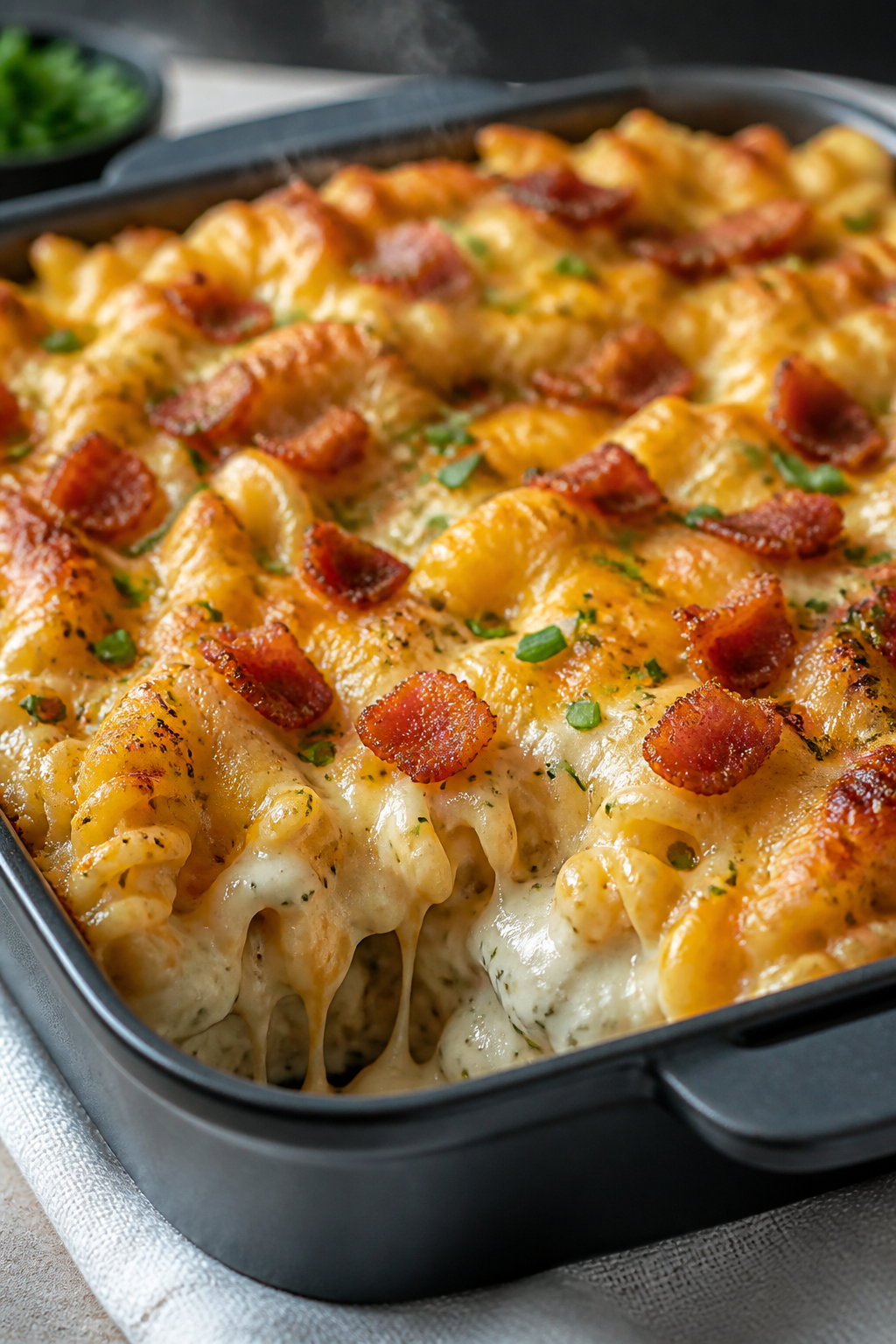 Close-up detail: Golden, bubbling Chicken Bacon Ranch Casserole just out of the oven, showing melted