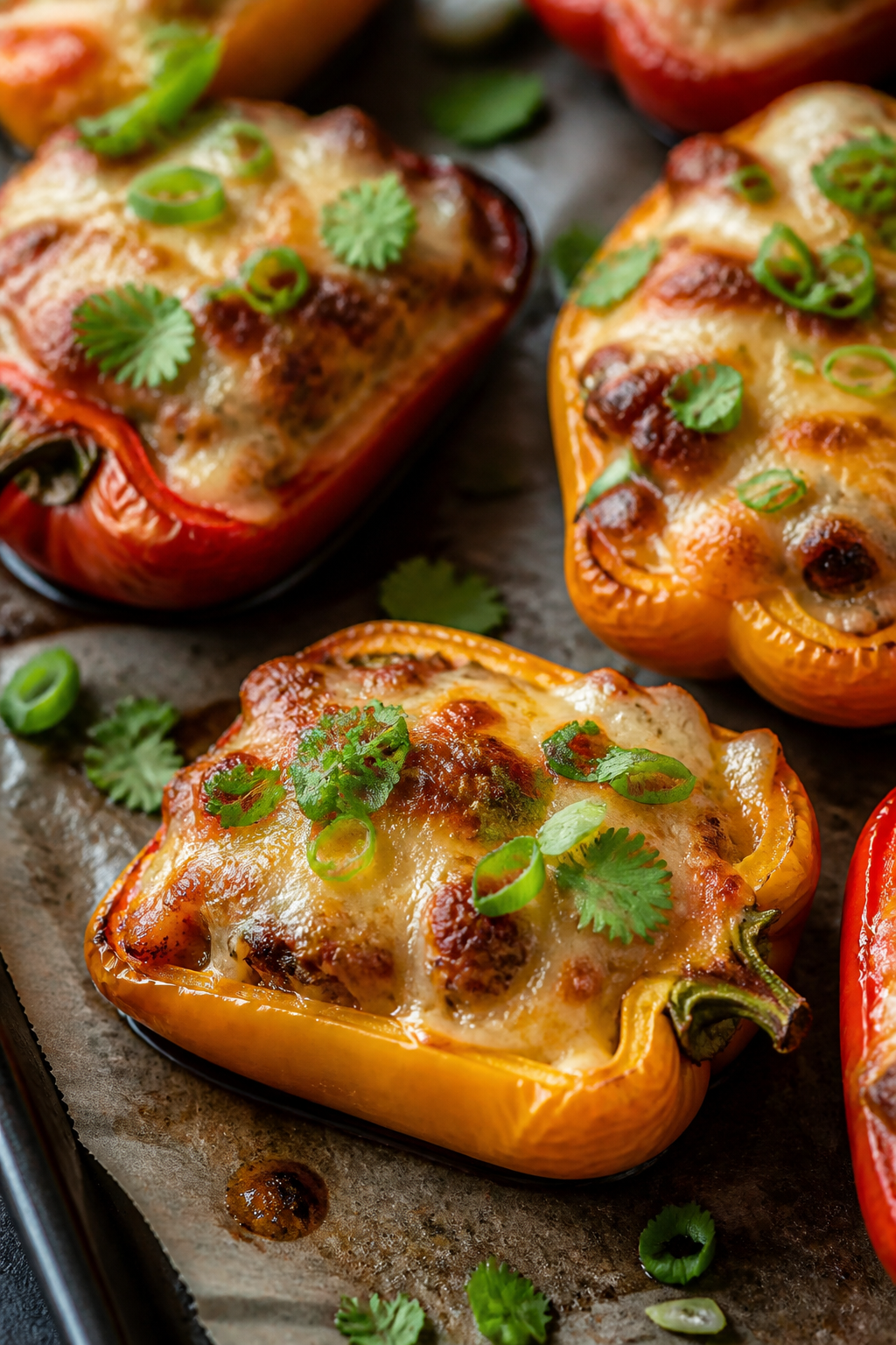 Close-up detail: Golden, bubbly BBQ chicken stuffed mini sweet peppers just out of the oven, cheese 