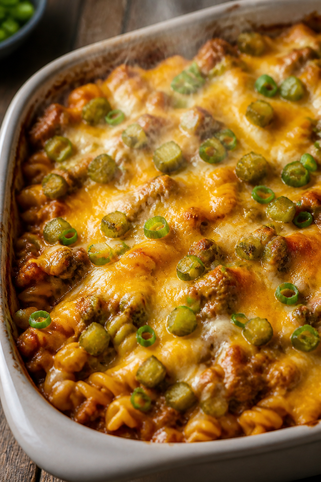 Close-up detail: Golden, bubbly cheeseburger casserole just out of the oven, cheese melted and light
