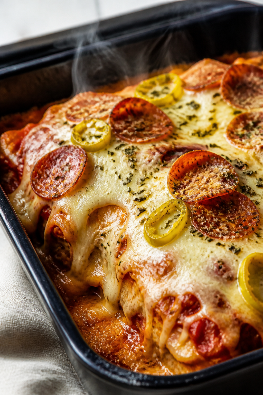 Close-up detail: Golden, bubbly Cheesy High Protein Pizza Chicken Bake just out of the oven, showing