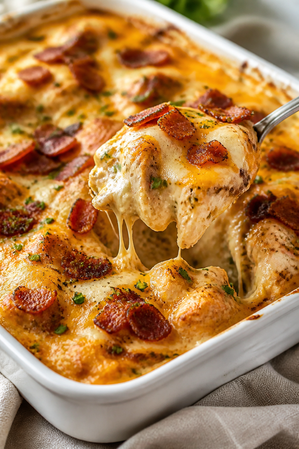 Close-up detail: Golden, bubbly Chicken Bacon Ranch Bake just out of the oven, showcasing melty ched