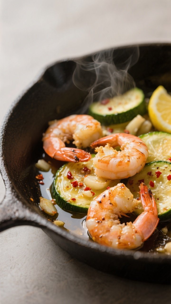 Close-up detail: Golden, garlicky shrimp just returned to the skillet with crisp-tender zucchini hal