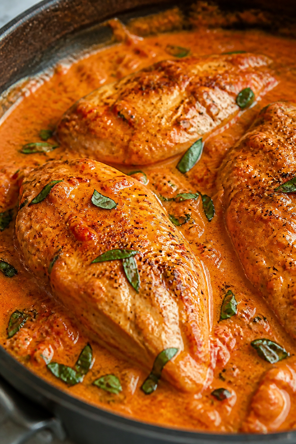 Close-up detail: Golden pan-seared chicken breasts nestled in a silky tomato cream sauce, flecks of
