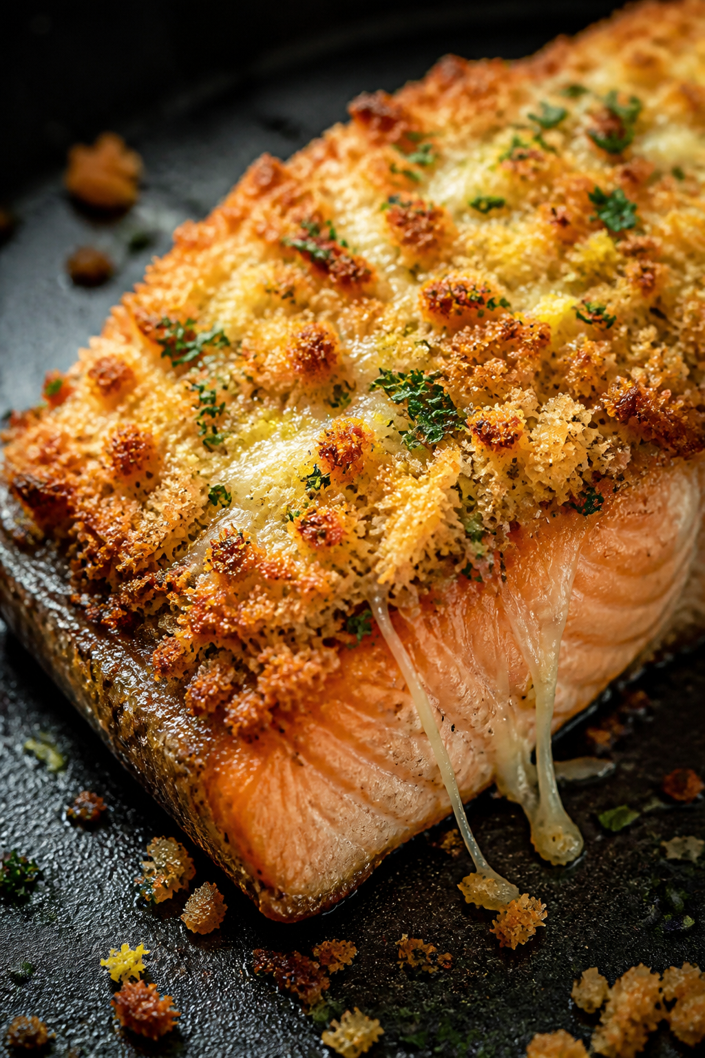 Close-up detail: Golden Parmesan-panko crust on seared, oven-finished salmon, highlighting the shatt