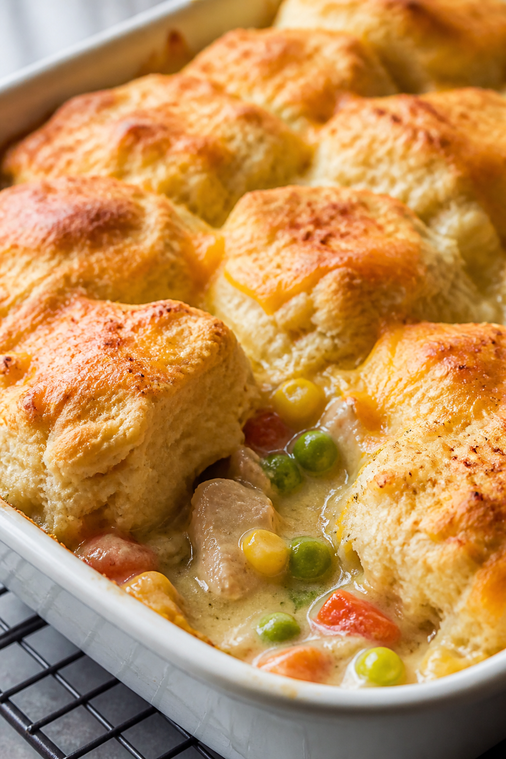 Close-up detail: Golden, puffed biscuit-style topping on a bubbling Lazy Chicken Pot Pie Bake just o
