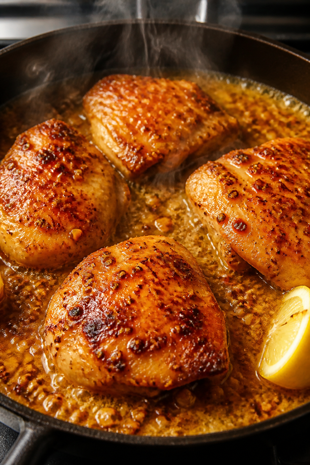 Close-up detail: Golden-seared boneless chicken thighs simmering in a skillet of glossy honey Dijon 