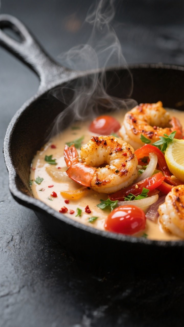 Close-up detail: Golden-seared Cajun shrimp just returned to a creamy sauce in a skillet, shrimp cur