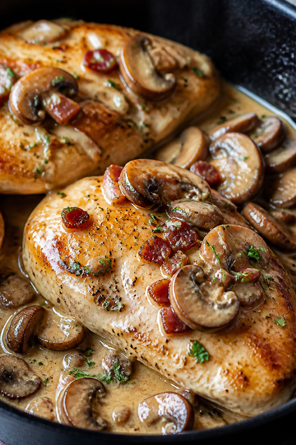 Close-up detail: Golden-seared chicken breast bathed in a silky cream sauce studded with sautéed cr
