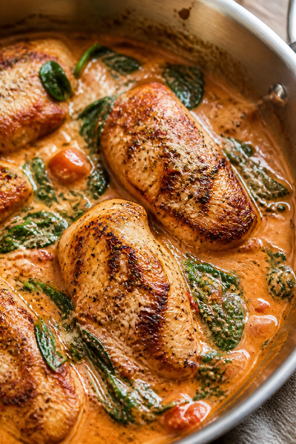 Close-up detail: Golden-seared chicken breasts nestled in a bubbling creamy tomato sauce in a stainl