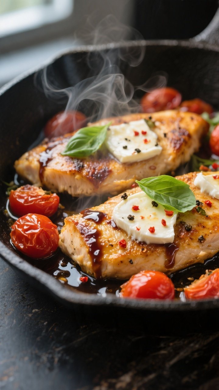 Close-up detail: Golden-seared chicken cutlets nestled in a skillet with burst cherry tomatoes and g