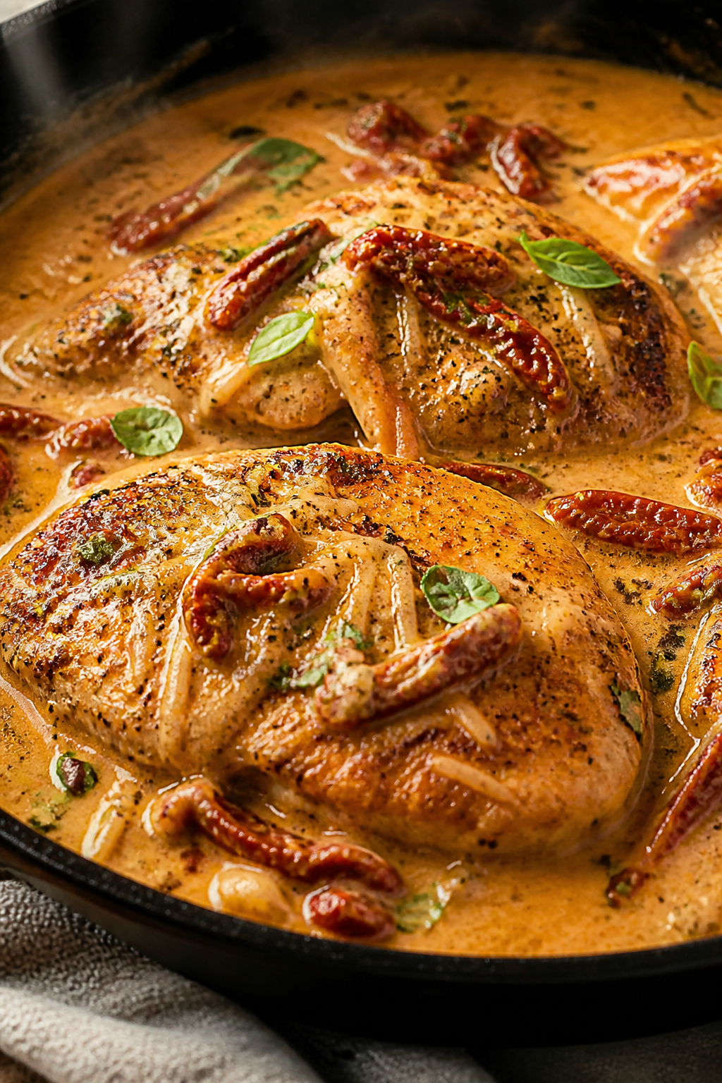 Close-up detail: Golden seared chicken cutlets nestled in a simmering creamy sun-dried tomato sauce 
