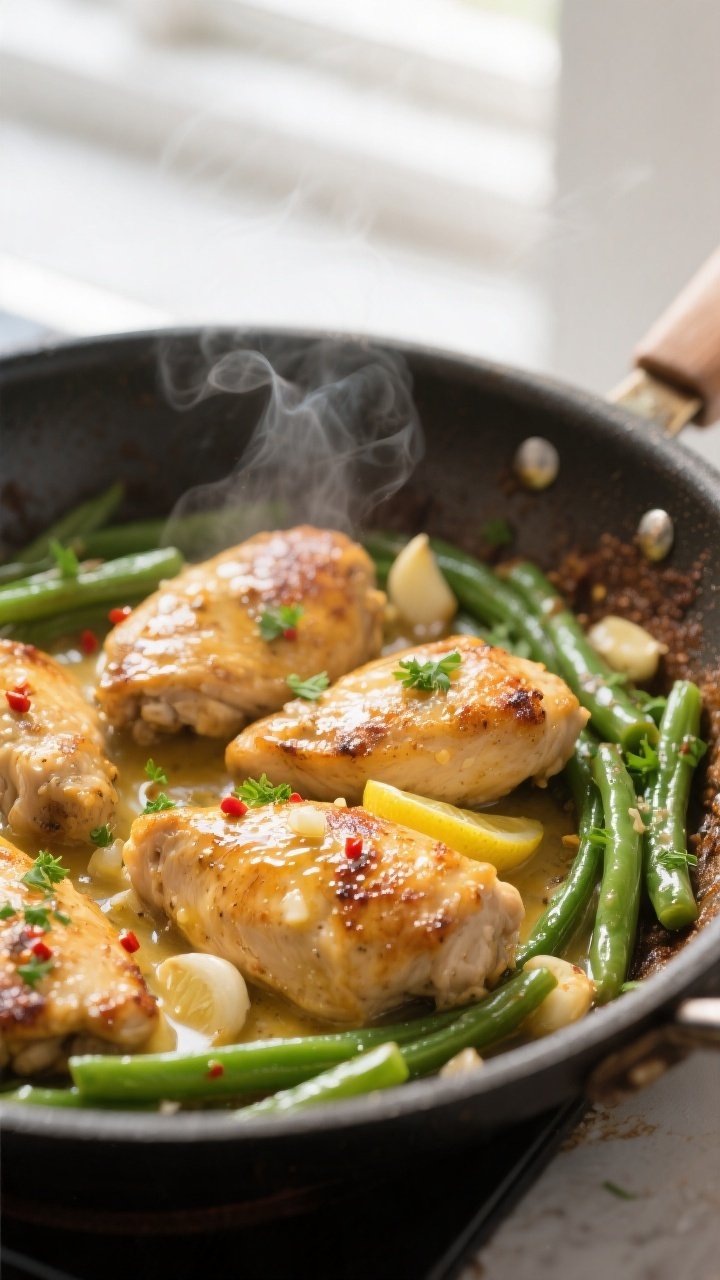Close-up detail: Golden seared chicken pieces in a skillet, glistening with a glossy lemon-garlic bu