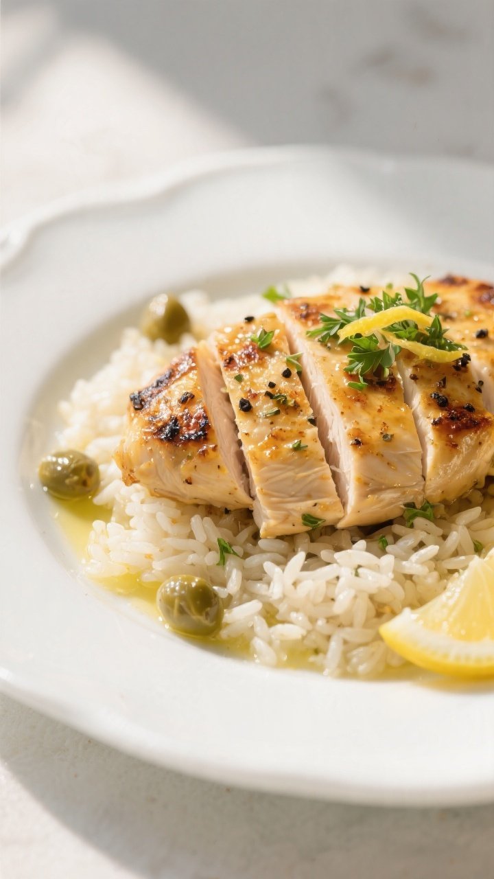 Close-up detail: Golden seared Greek-marinated chicken breasts sliced and fanned over fluffy lemon r