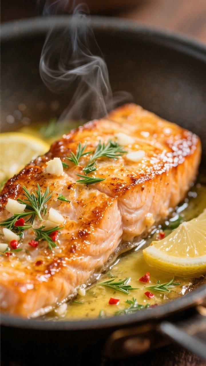 Close-up detail: Golden-seared salmon fillet just after glazing, skin-side crisp with visible bliste
