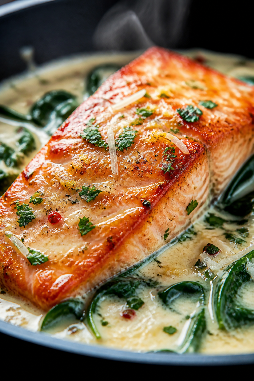 Close-up detail: Golden-seared salmon fillet nestled in a silky garlic-Parmesan cream sauce with wil