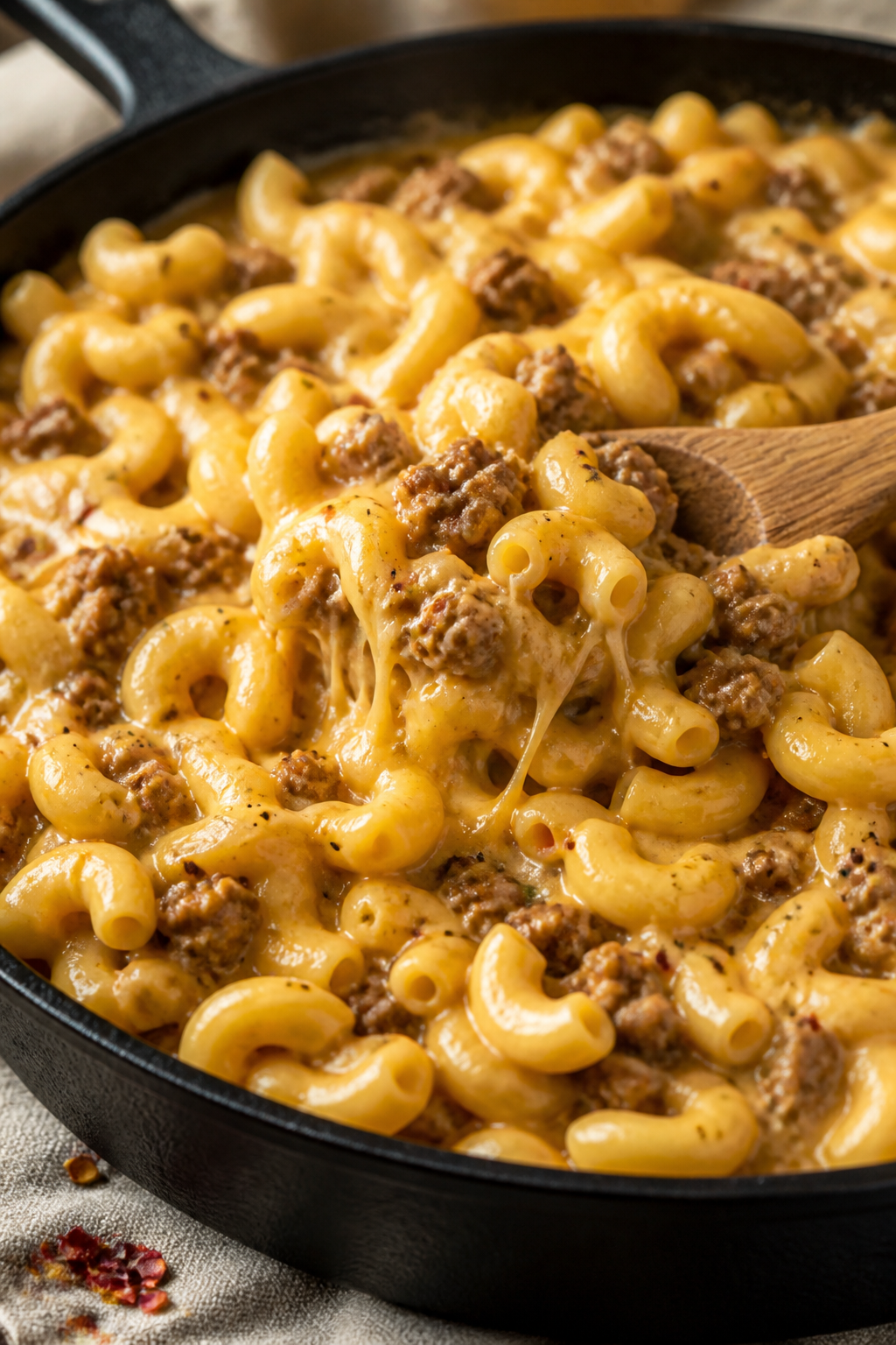 Close-up detail: Gooey mac and cheese beef mixture just after combining in the skillet—elbow macar