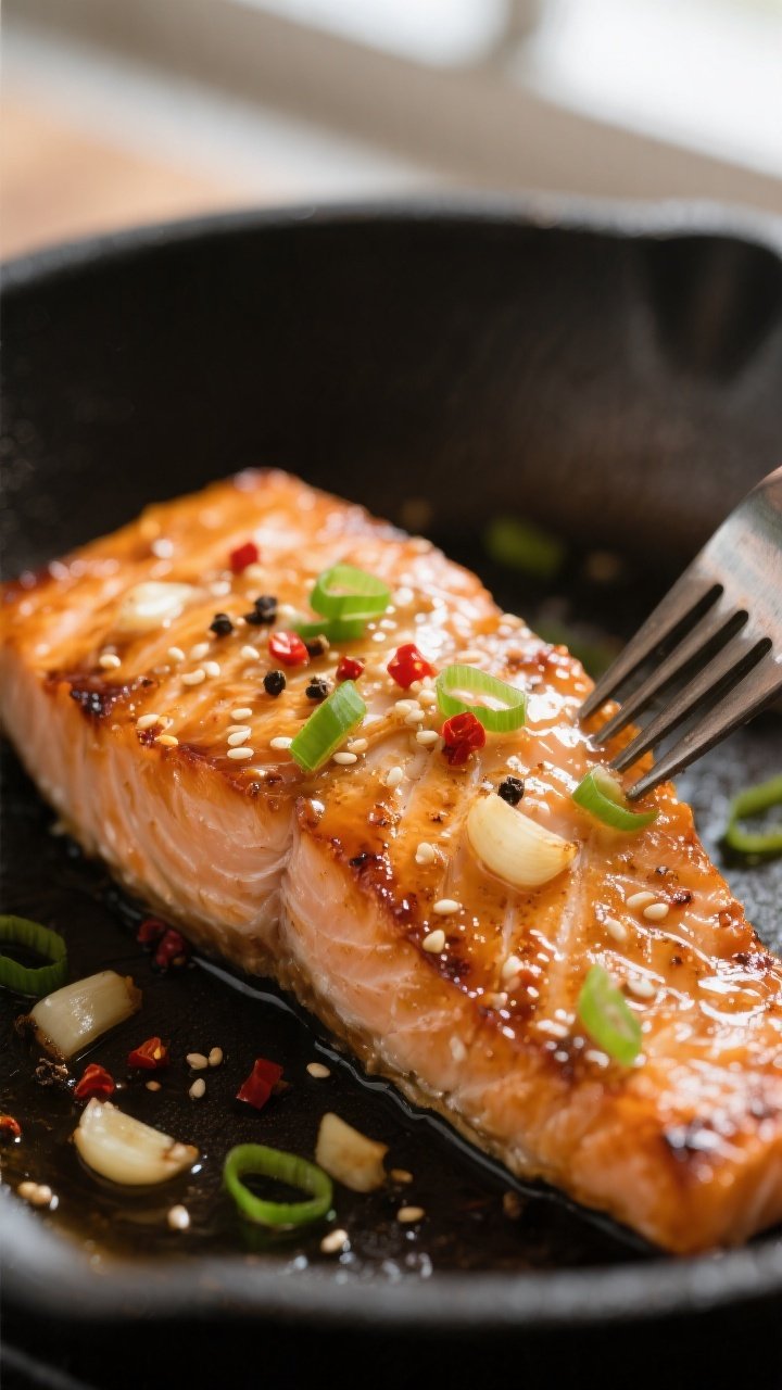 Close-up detail: Honey garlic salmon fillet just off the stovetop, glaze visibly caramelized and glo