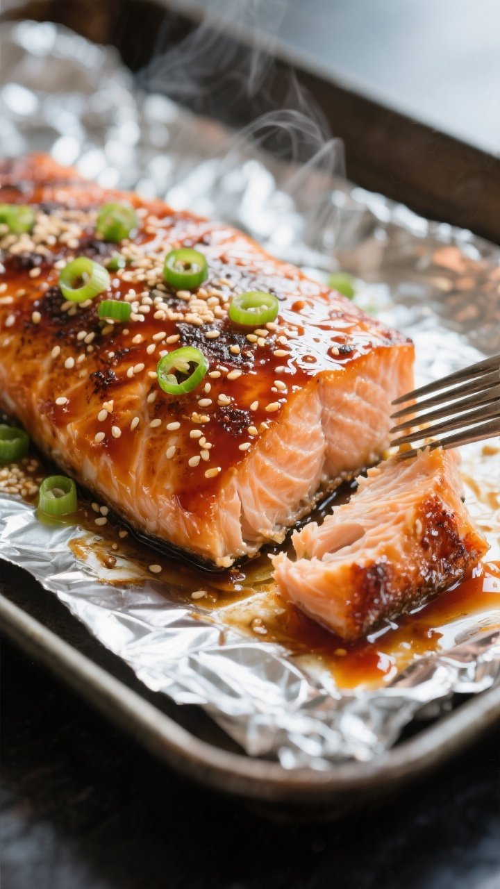 Close-up detail: Honey Sriracha–glazed salmon just out of the oven, sticky, glossy caramelized top