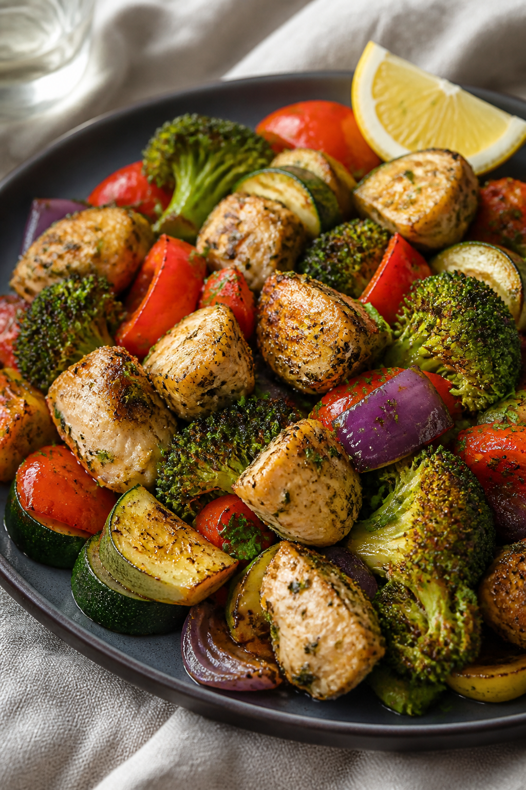 Close-up detail: Juicy air-fried ranch chicken bites nestled among caramelized broccoli florets, red