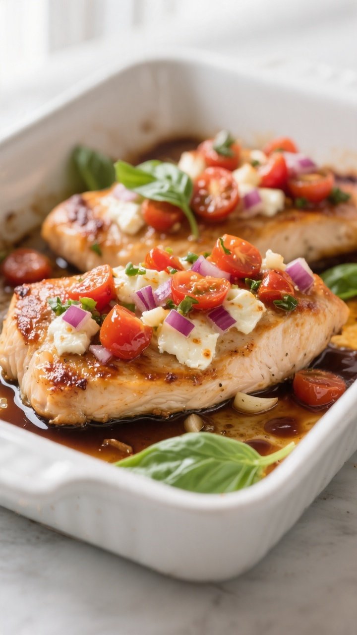Close-up detail: Juicy baked chicken breast just out of the oven at 400°F, blanketed with glossy co