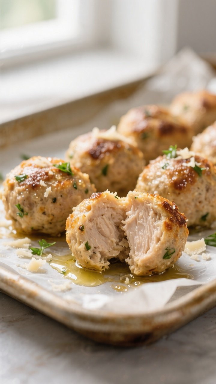 Close-up detail: Juicy baked chicken meatballs just out of the oven, lightly golden with tiny browne
