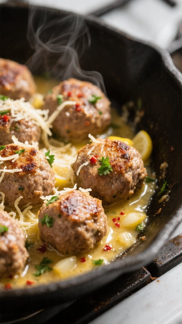 Close-up detail: Juicy garlic-Parmesan turkey meatballs just tossed in a glossy butter-garlic-lemon