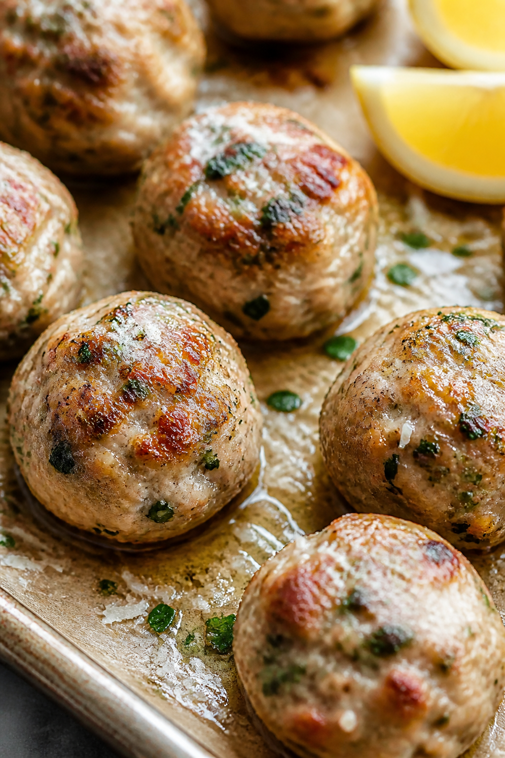 Close-up detail: Juicy garlic Parmesan turkey meatballs just out of the oven on a parchment-lined sh