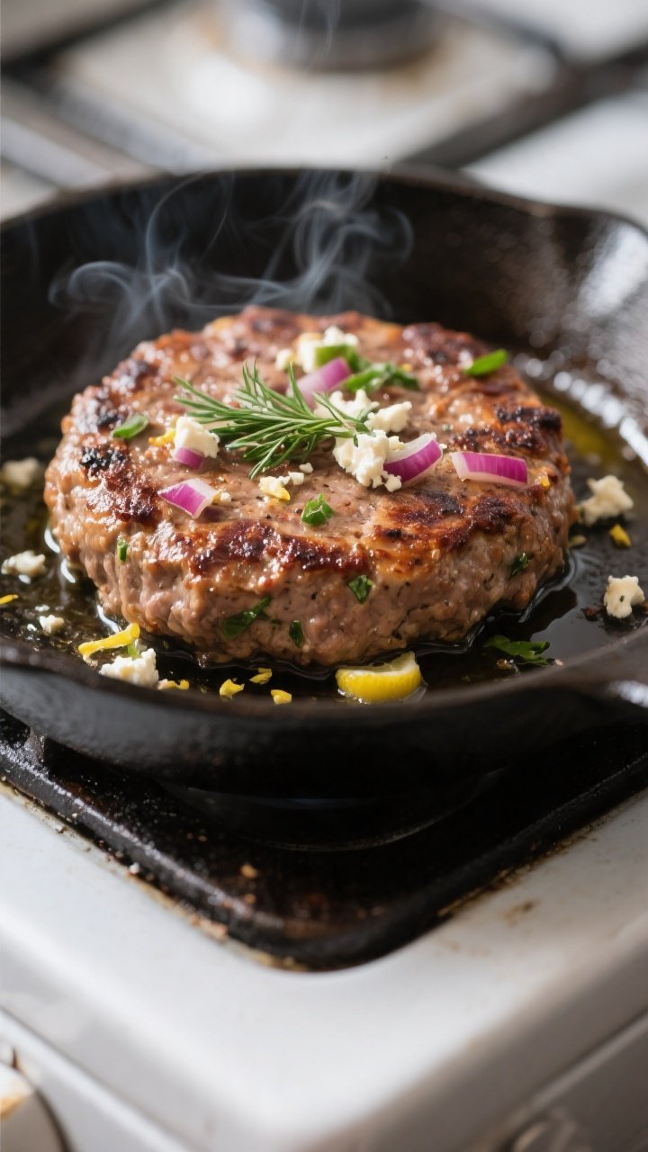 Close-up detail: Juicy Greek turkey burger patty sizzling on a cast-iron skillet, deeply browned cru