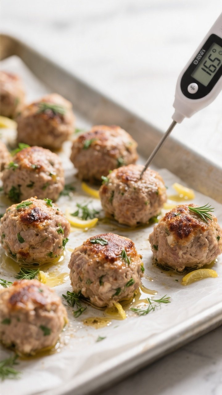 Close-up detail: Juicy Greek turkey meatballs just out of the oven on a parchment-lined sheet pan, l