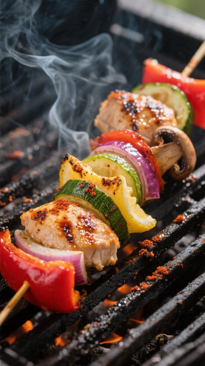 Close-up detail: Juicy grilled chicken and veggie kabob segment on the grill at medium-high heat, sh