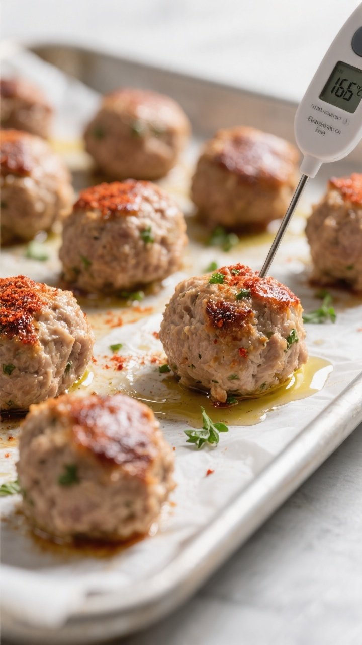 Close-up detail: Juicy oven-baked turkey meatballs just out of the oven on a parchment-lined sheet p