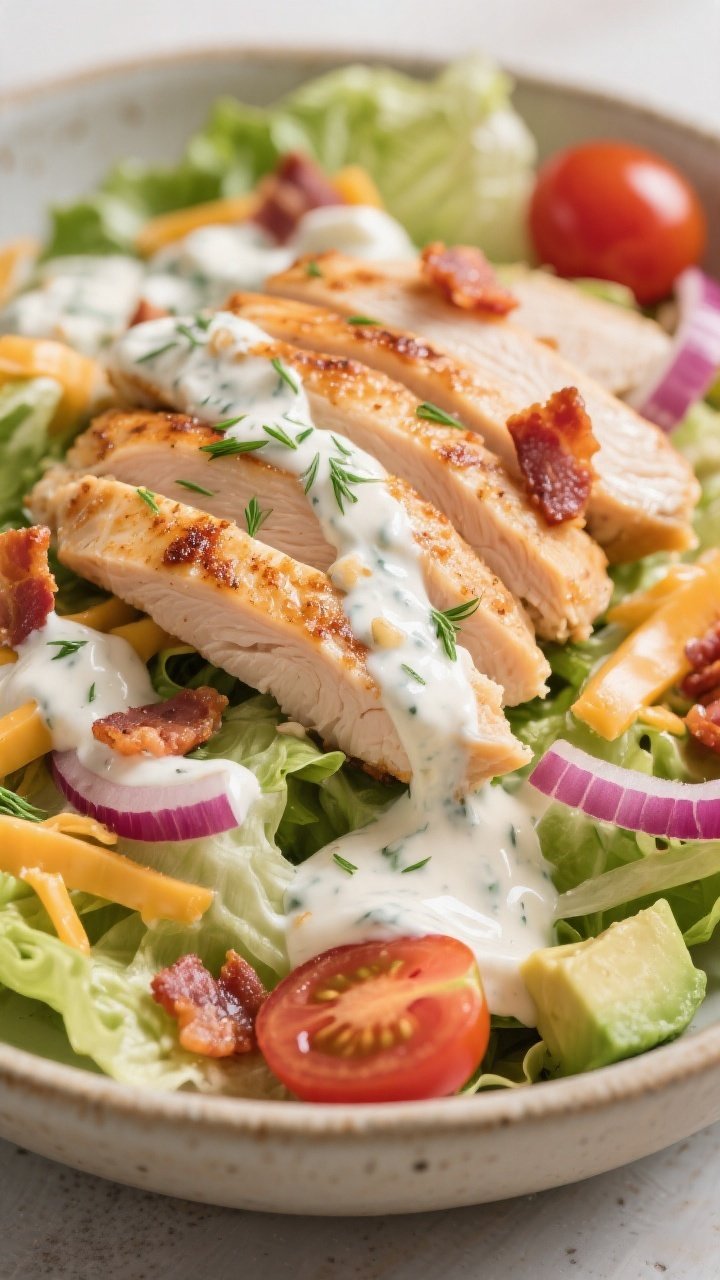 Close-up detail: Juicy pan-seared chicken breast slices piled over romaine with creamy Greek-yogurt