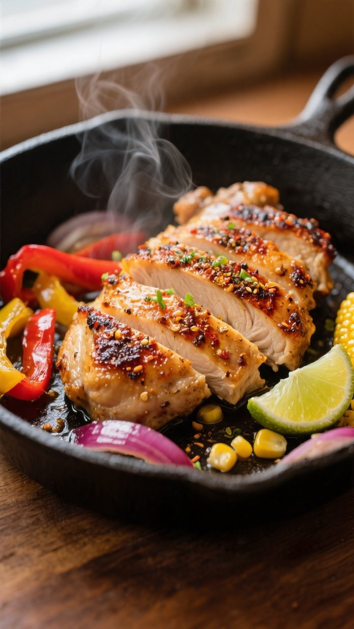 Close-up detail: Juicy sliced chicken thighs seared golden-brown with a smoky chili-cumin crust, ste