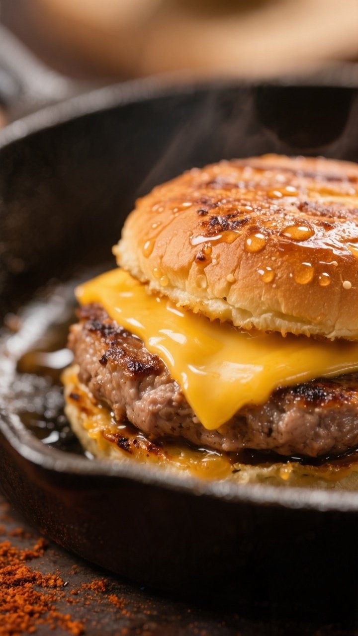 Close-up detail: Juicy turkey burger patty just off the skillet, cheese melted and glossy over the t