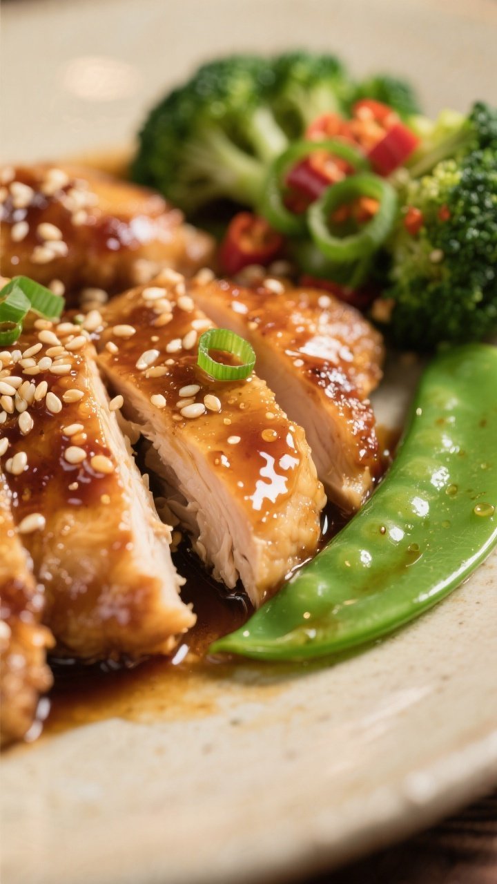 Close-up detail: Macro shot of cooked sesame chicken coated in a lacquered, sticky-savoury sauce, sh