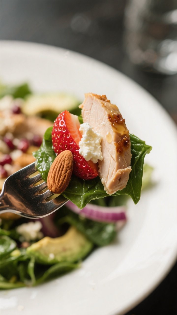 Close-up detail: Macro-style close-up of a forkful lifted from the plated salad showing a perfect bi