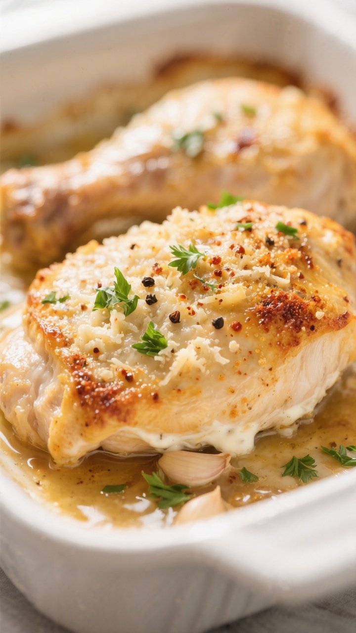 Close-up detail: Melt-in-your-mouth garlic chicken just out of the oven, showing a golden, lightly b