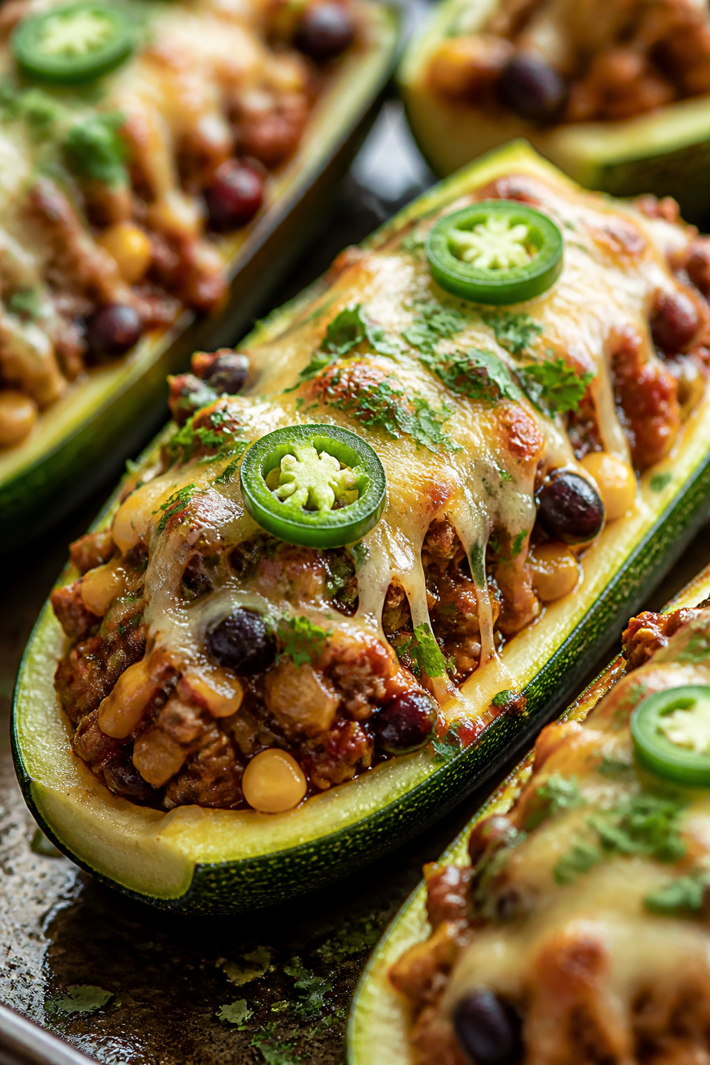 Close-up detail: Melted-cheese–topped beef taco filling mounded inside roasted zucchini boats, che