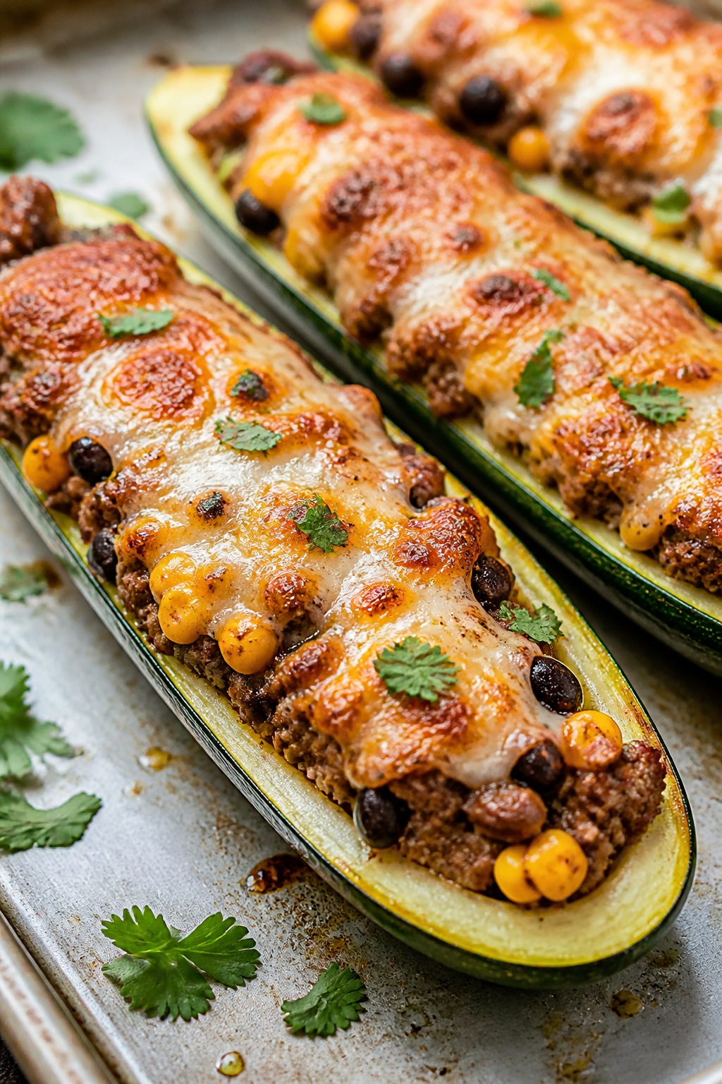 Close-up detail: Melted-cheese-topped ground beef taco filling nestled in par-baked zucchini boats j