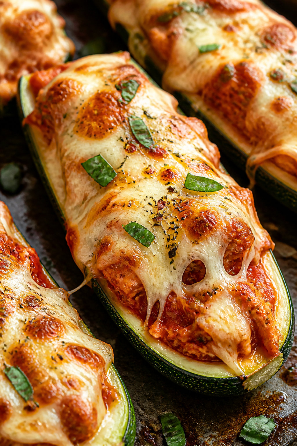 Close-up detail: Melted, golden-bubbly low-moisture mozzarella and Parmesan atop Chicken Parmesan Zu